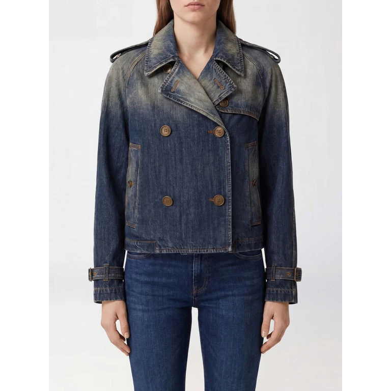 BURBERRY Double-Breasted Short Vintage Denim Trench Coat with Epaulettes (8126570)