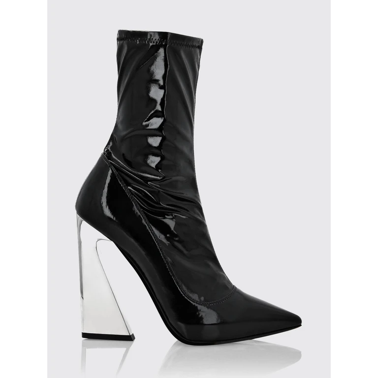 Almond-Toe Ankle Boots in Patent-Effect Stretch Fabric with High Heels (AAASWSE0575PLE010N02)