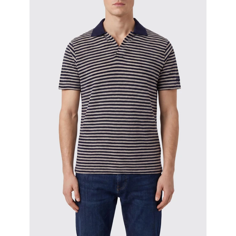 Striped Linen and Cotton Blend V-Neck Polo Shirt (RYE000100283L)
