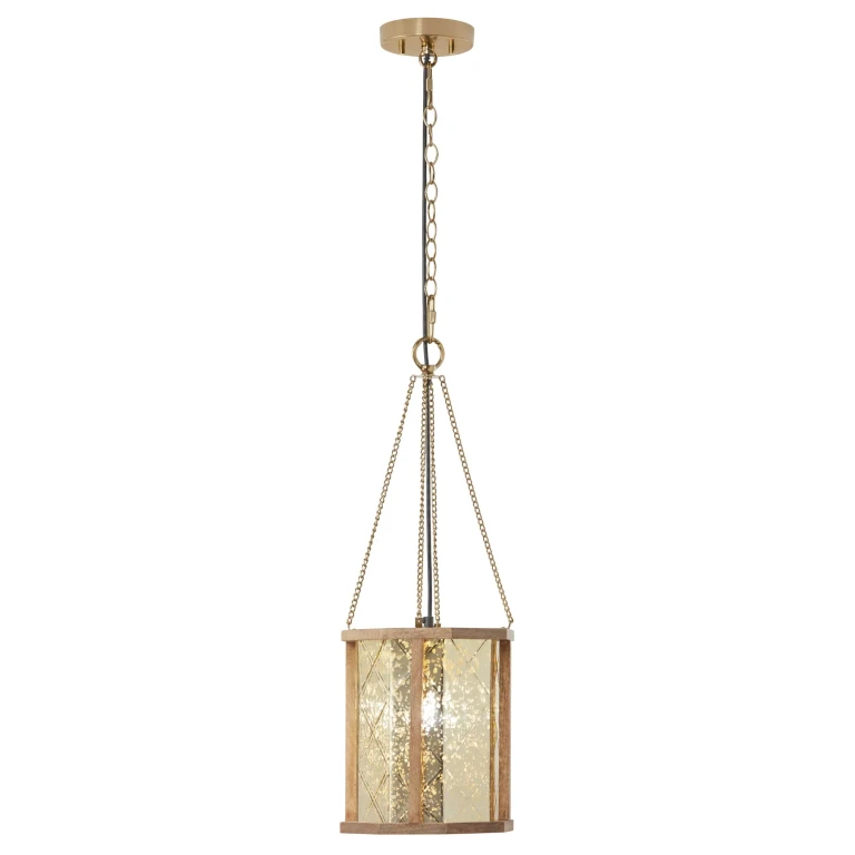 Gold-Colored Metal Pendant Lamp with Painted Mercury Gold Glass Shade with Wood Frame