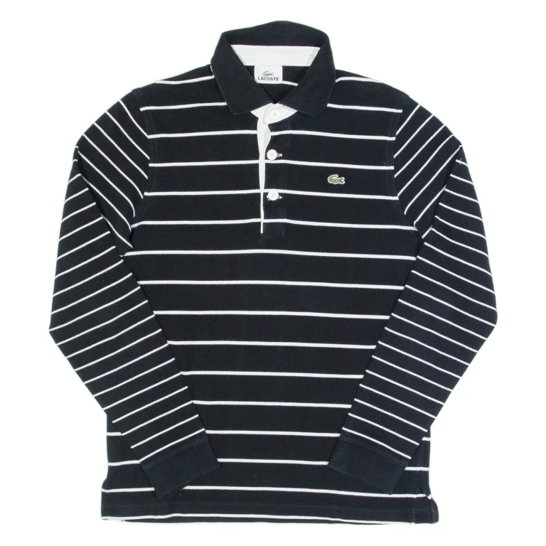 LACOSTE Mens Polo Shirt Black Striped Long Sleeve S