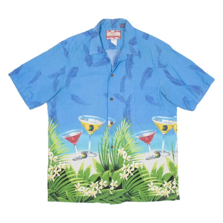 RJC Mens Hawaiian Shirt Blue Floral L