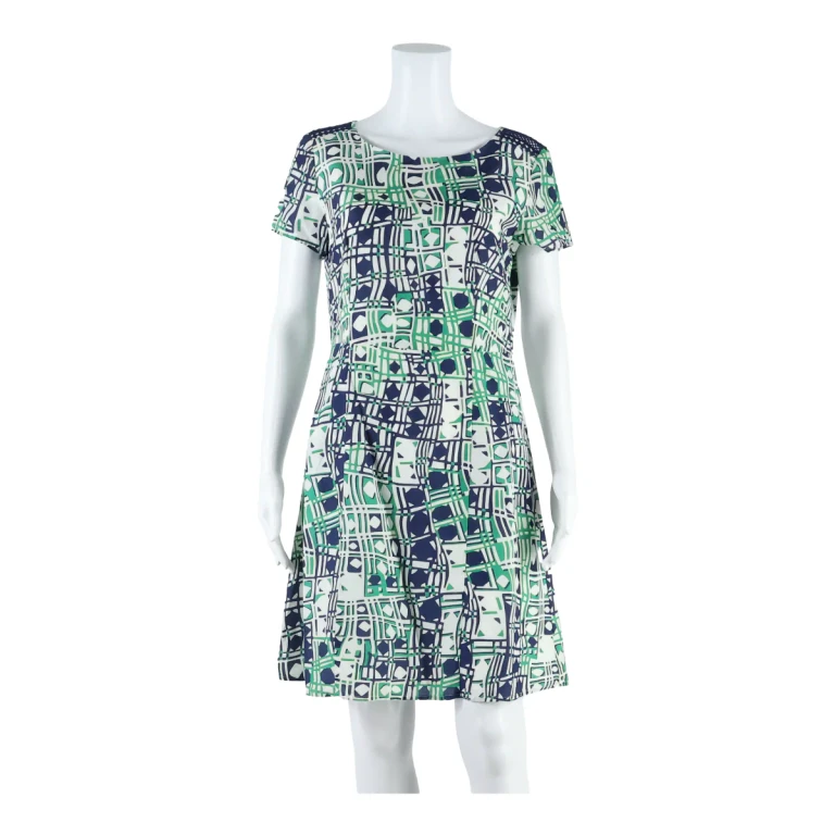 LOOXENT Lined Womens A-Line Dress White Geometric Short Sleeve Midi UK 12