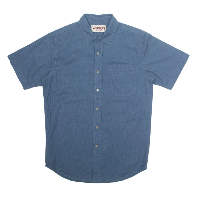 WRANGLER Denim Look Mens Plain Shirt Blue Short Sleeve M