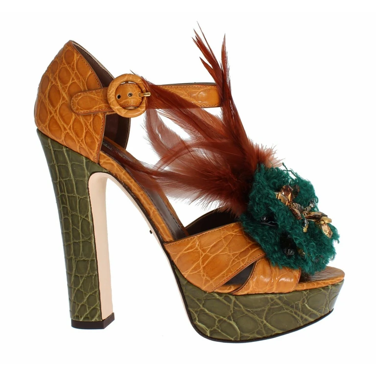 Dolce & Gabbana Orange Leather Crystal Platform Sandal Shoes Skin - Women