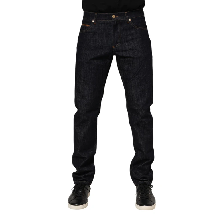 Dolce & Gabbana Dark Blue Cotton Logo Plaque Men Denim Jeans Calf Clothing - Men