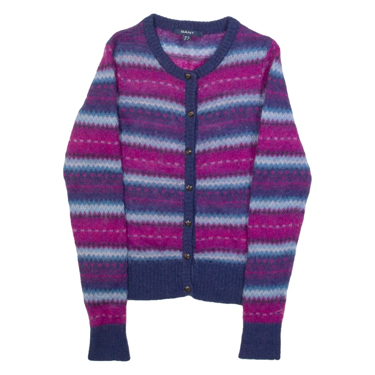 GANT Womens Patterned Cardigan Purple Crazy Pattern Button Neck Mohair XS