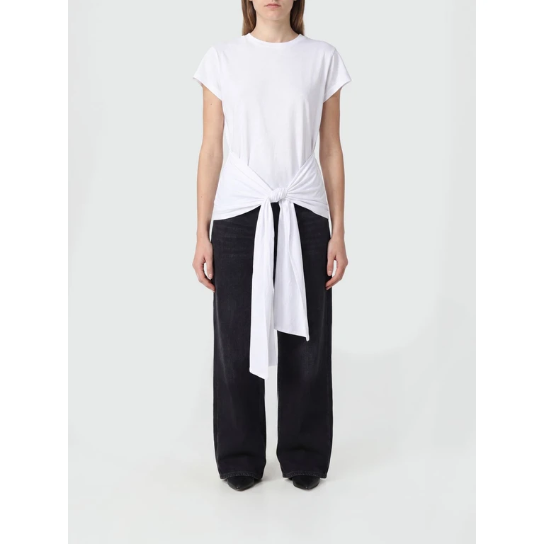 Long Cotton Crewneck T-shirt with Tie-Waist Sash Belt (263WRT0755FB0419047)