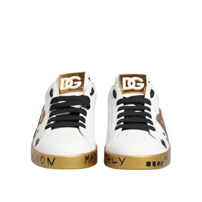 Dolce & Gabbana White Gold Crystal Portofino Sneakers Shoes Calfskin Leather - Men