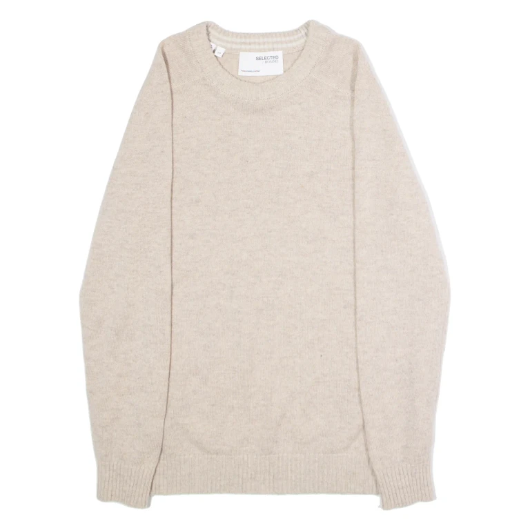 SELECTED HOMME Mens Jumper Beige Crew Neck Tight Knit Wool S