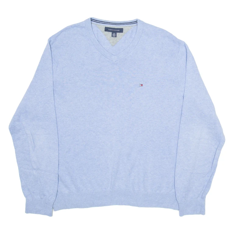 TOMMY HILFIGER Mens Jumper Blue V-Neck Tight Knit L