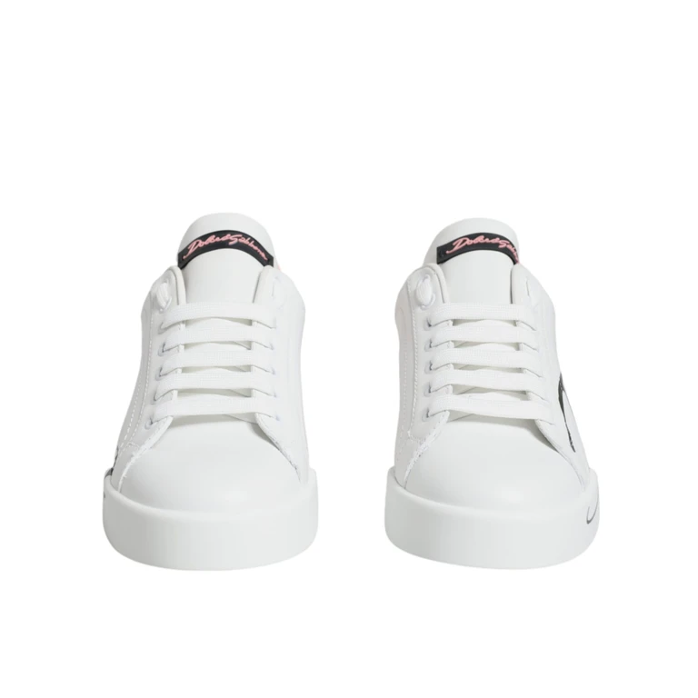 Dolce & Gabbana White Pink Portofino Low Top Sneakers Shoes Calf Leather - Women