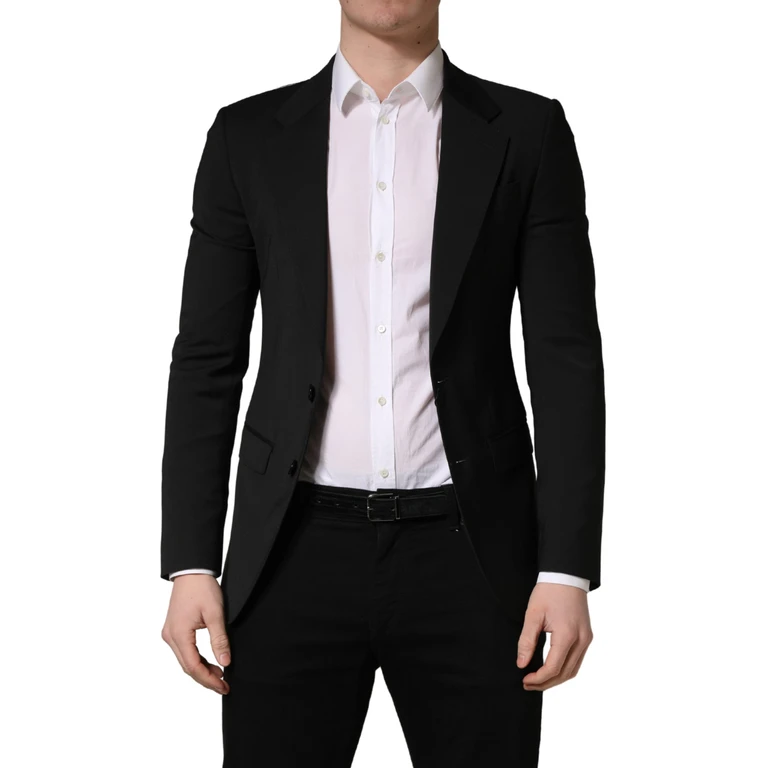 Black Polyester 2 Buttons Men Suit Jacket Elastane Wool - Men