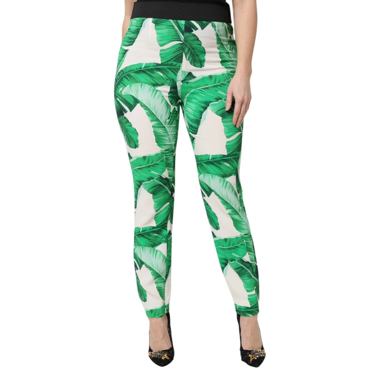 Dolce & Gabbana White Green Leaf High Waist Pants Viscose - Women