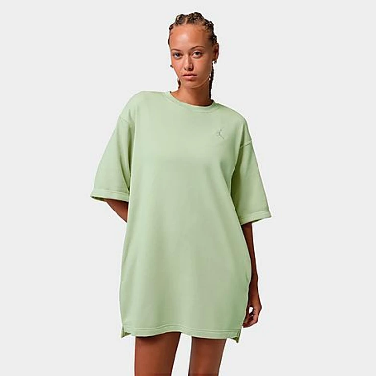 Nike Women's Jordan Brooklyn Fleece T-Shirt Dress in Olive Aura/White Size: XS