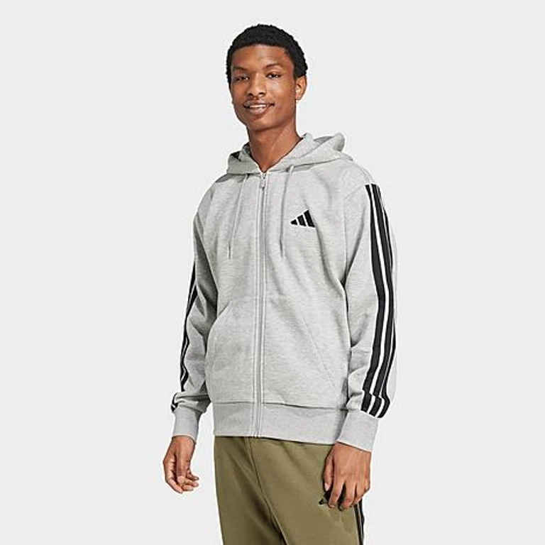 adidas Men's Essentials 3-Stripes Fleece Full-Zip Hoodie in Medium Grey Heather/Black Size: XS