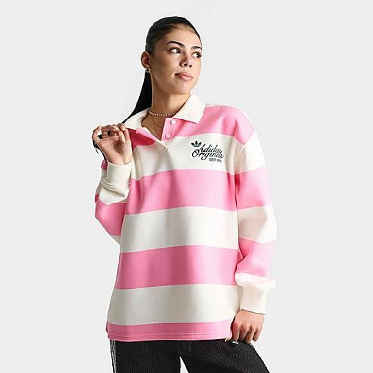 adidas Women's Originals Striped Long-Sleeve Collar Crewneck Sweatshirt in Semi Pink Glow Size: XS