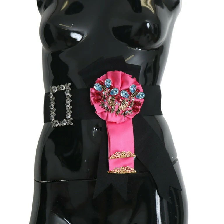 Dolce & Gabbana Black Pink Flower Brooch Crystals Cotton Belt Acetate - Women