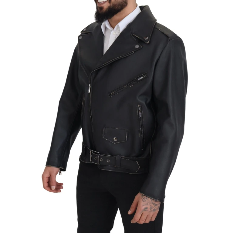 Dolce & Gabbana Black Leather Biker Coat Zipper Jacket Clothing - Men