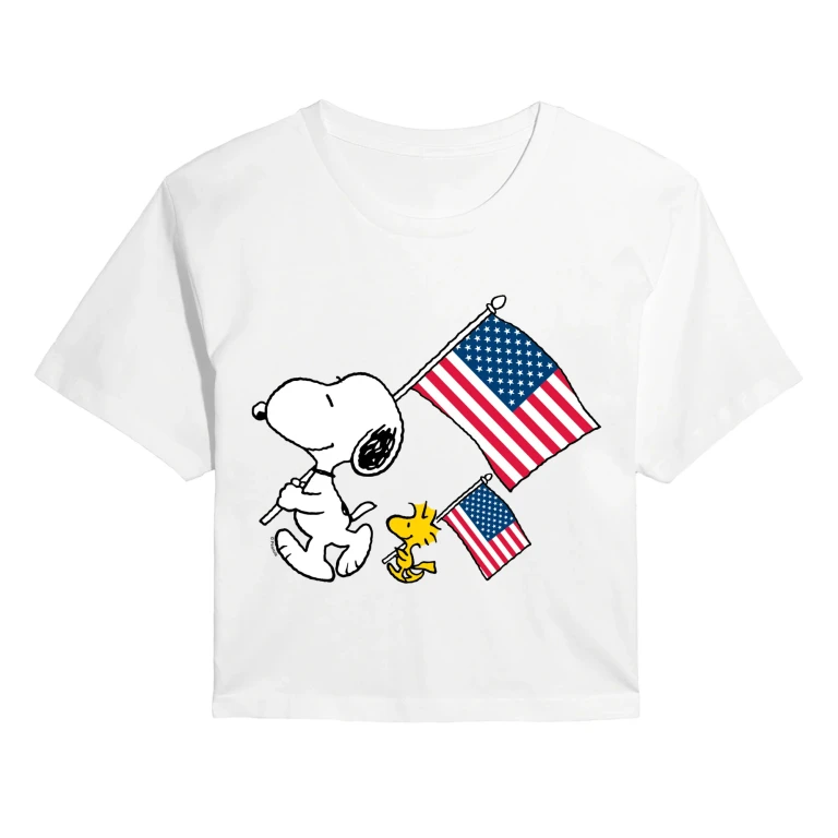 Snoopy & Woodstock USA Flags - Juniors Cropped Graphic T-Shirt