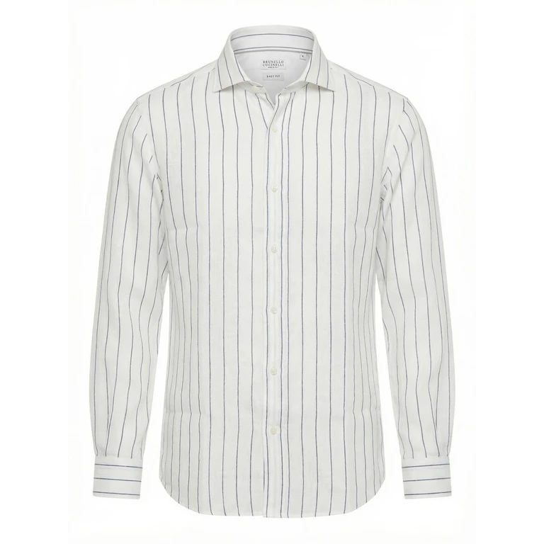 Brunello Cucinelli Stripe Linen Easy Fit Shirt With Spread Collar