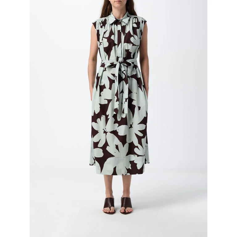 Sleeveless Floral Print Cotton Poplin Midi Shirt Dress (M6ES03S8341)