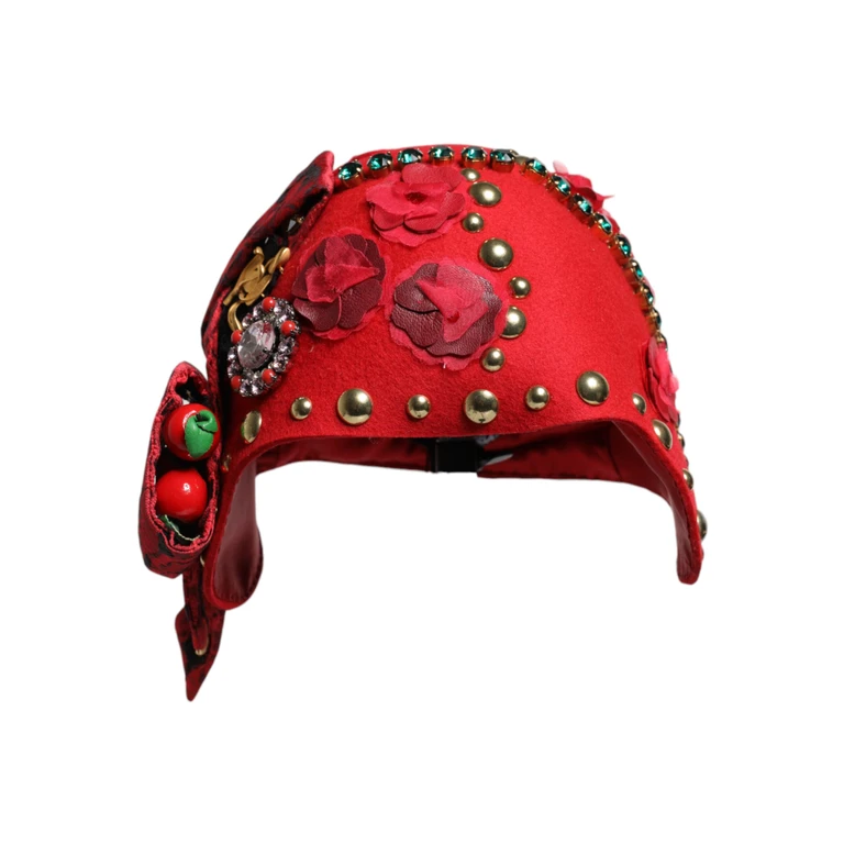 Dolce & Gabbana Red Crystal Gold Roses Brooch Embellished Hat - Women