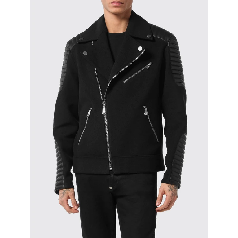 Leather and Wool Biker Jacket with Lapels and Asymmetrical Zip (UAECMRB2970PLE131N02)