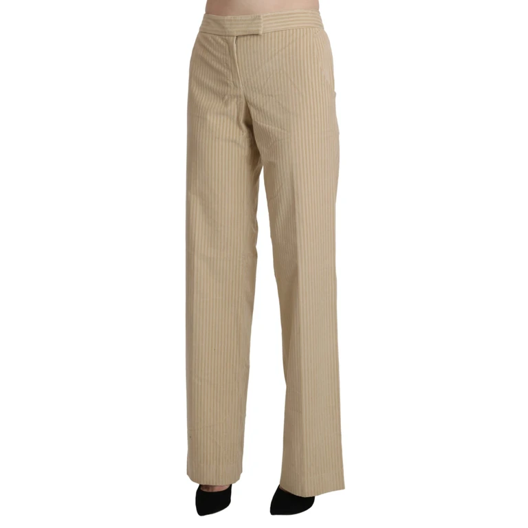 Beige High Waist Flared Wide Leg Trouser Pants Cotton Lycra - Women