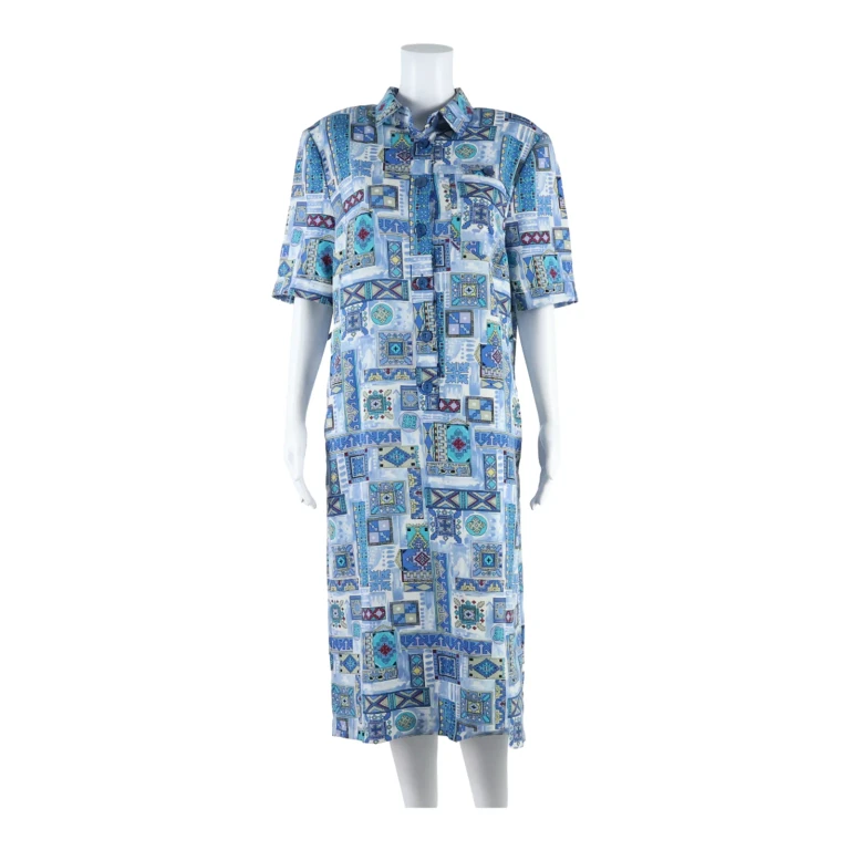 MARKWALD Collared Womens Shirt Dress Blue Geometric Short Sleeve Long UK 12