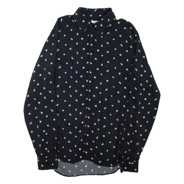 REISS Slim Fit Mens Shirt Black Floral Long Sleeve L