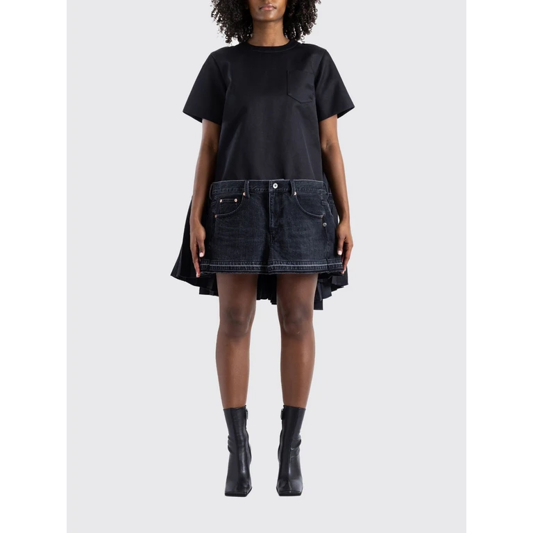 Flared Mini Dress in Denim and Silk with Asymmetrical Pleated Skirt (2608462001)