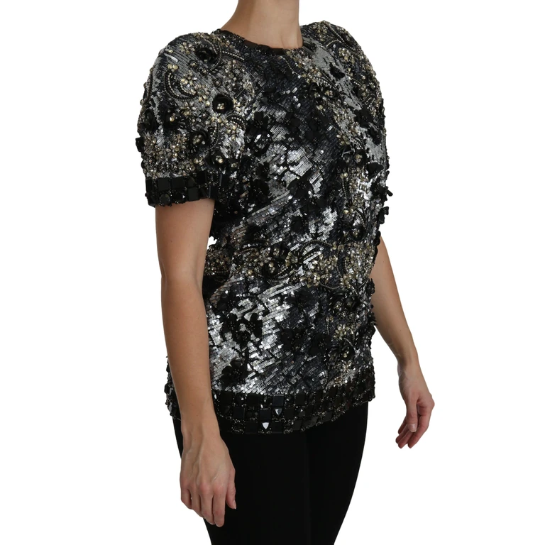 Dolce & Gabbana Black Sequined Crystal Embellished Top Blouse - Women