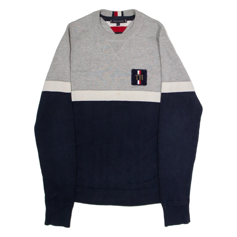 TOMMY HILFIGER Mens Patterned Jumper Blue Crew Neck Tight Knit Wool S