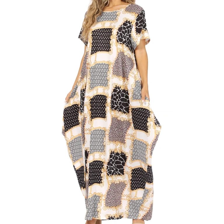 Sakkas Abeni Women's Short Sleeve Casual Print Long Maxi Cover-up Caftan Dress