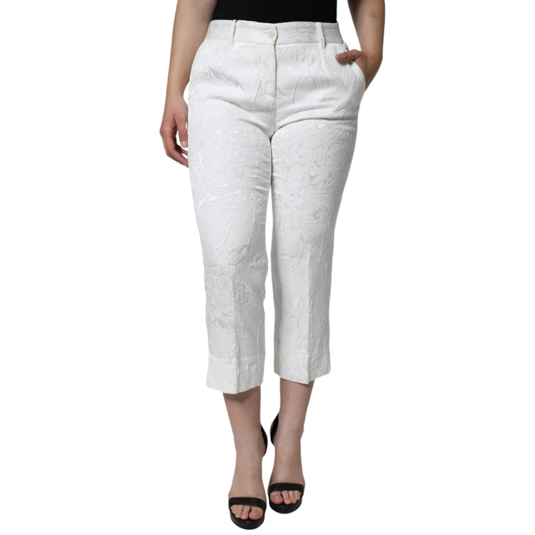 Dolce & Gabbana White Floral Brocade Cotton Cropped Pants Viscose Elastane - Women