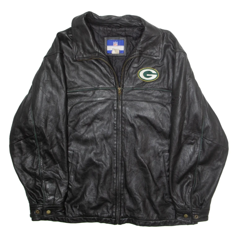 REEBOK Green Bay Packers Mens Lined Jacket Black Leather 90s USA L