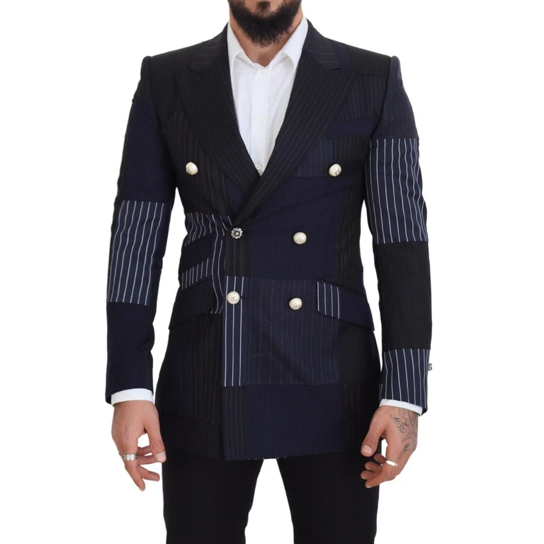 Dolce & Gabbana Blue Wool Patchwork Double Breasted Blazer Navy Virgin Clothing - Men