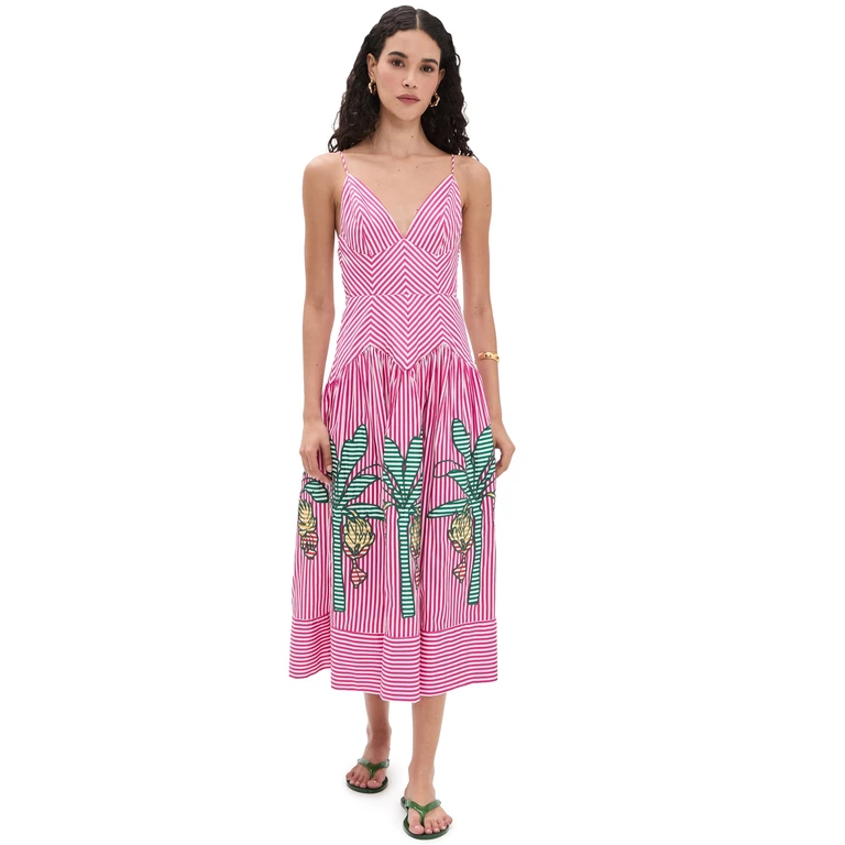 FARM Rio Palm Tree Cutwork Stripes Midi Dress Multi S