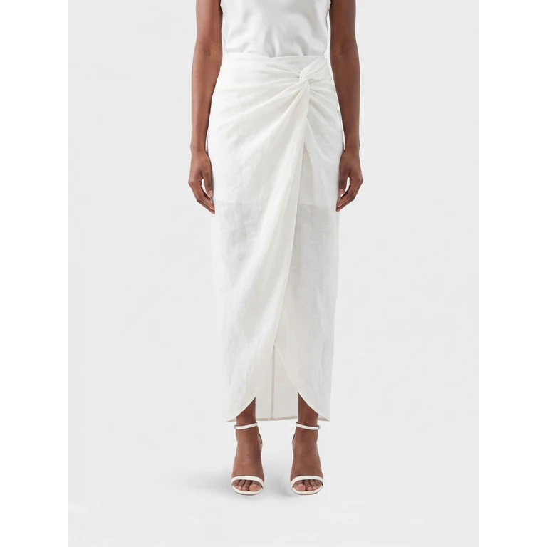 Draped Linen Midi Sarong Skirt with Front Slit (QARAYA0713)
