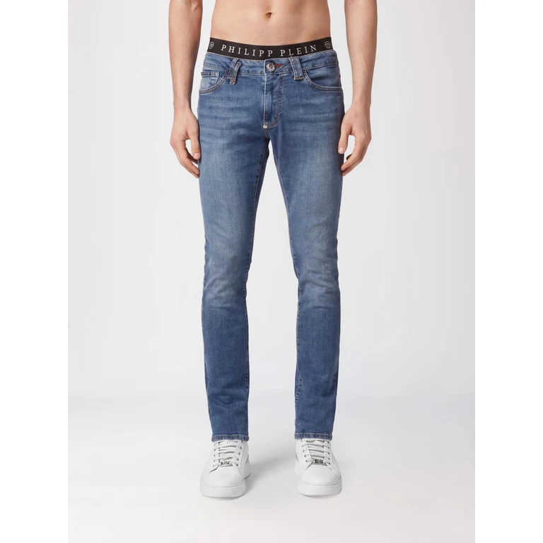 Slim Fit Skinny Jeans in Cotton Denim with Metal Logo Plaque (LABCMDT3452PDE004N08RY)