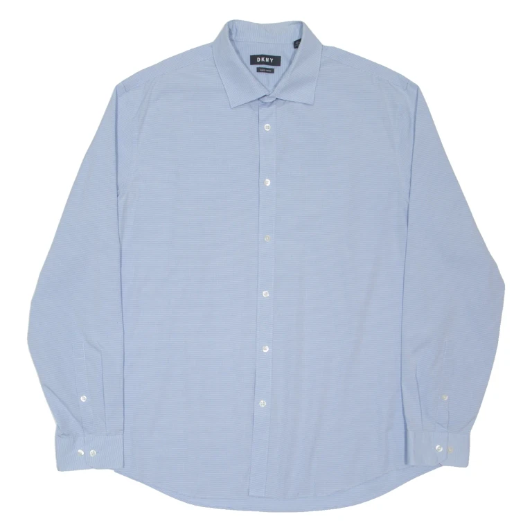 DKNY Slim Fit Stretch Mens Shirt Blue Gingham Long Sleeve L