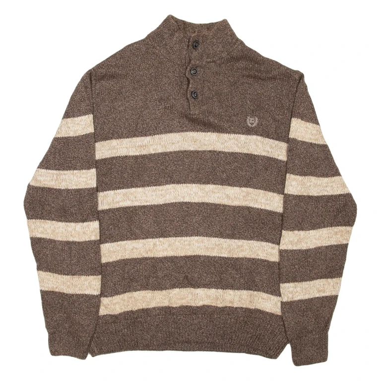 CHAPS Mens Patterned Jumper Brown Striped Button Neck Chunky Knit L
