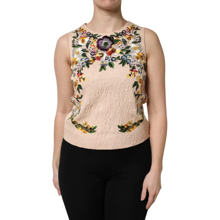 Dolce & Gabbana Beige Floral Embroidery Sleeveless Tank Top Cotton Nylon - Women