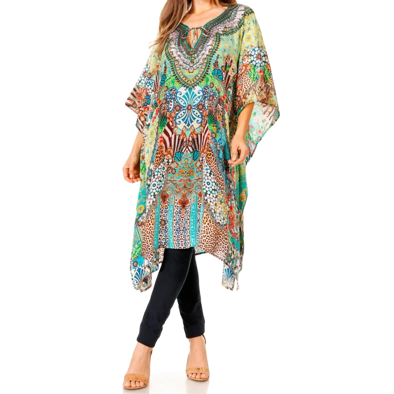 Sakkas Jenni Women's Mid Length Boho Caftan Kaftan Dress Cover up Flowy Rhinestone