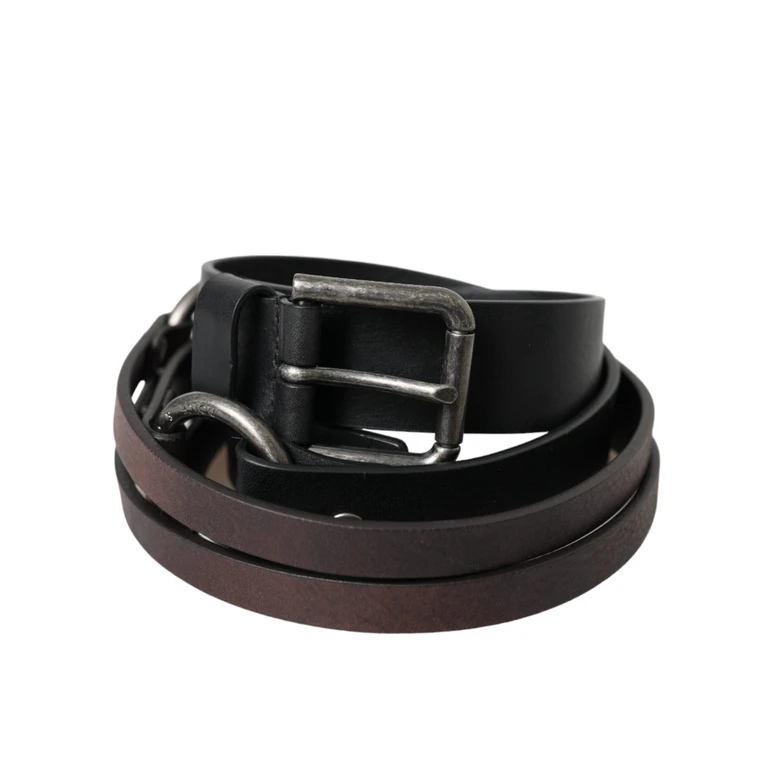 Dolce & Gabbana Black Brown Leather Silver Metal Buckle Belt And - Men