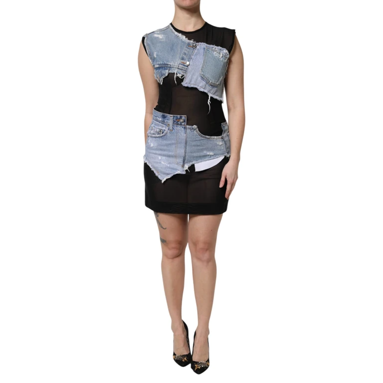 Dolce & Gabbana Black Blue Sleeveless Denim Mini Dress And Nylon Cotton Elastane - Women