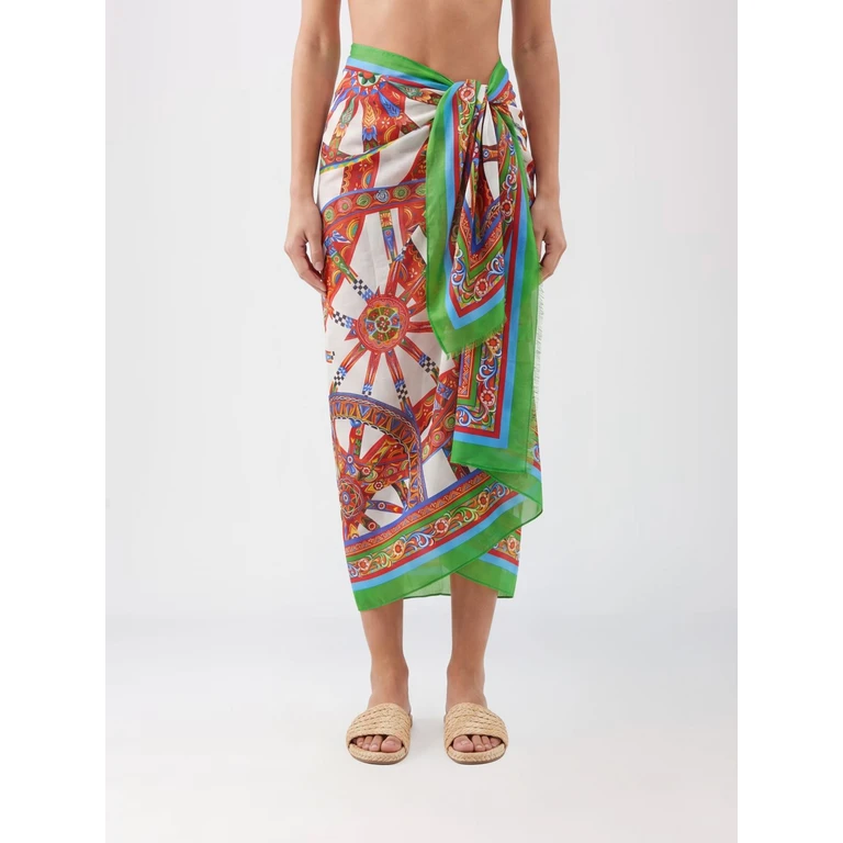 Majolica Print High-Waisted Cotton Midi Sarong Skirt (O4A01JON0HFHA6CL)