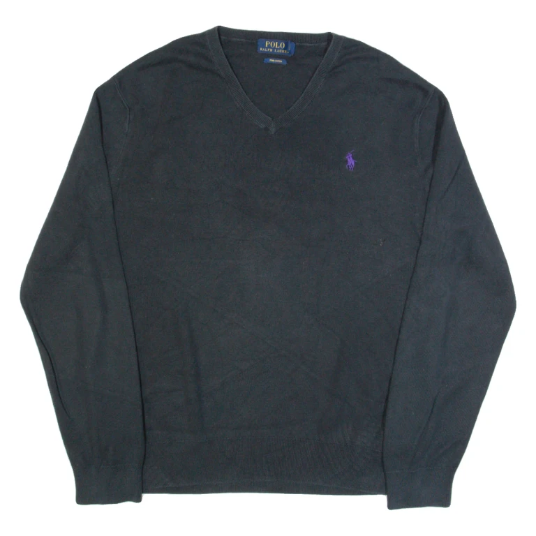 POLO RALPH LAUREN Mens Jumper Black V-Neck Tight Knit M