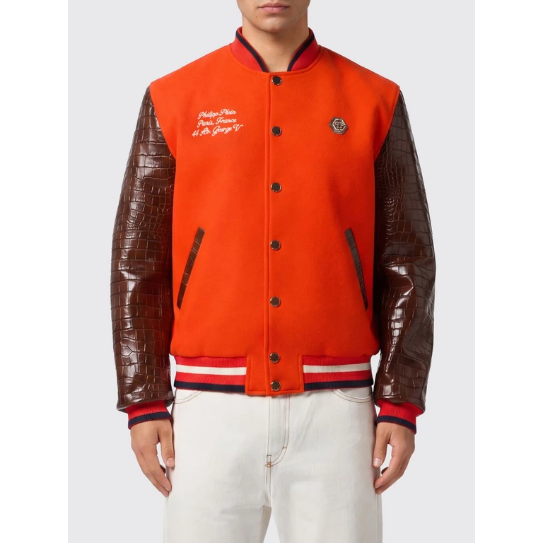 Two-Tone Crocodile-Effect Calfskin Leather Varsity Bomber Jacket (SAFCMRB3005PLE131N20)